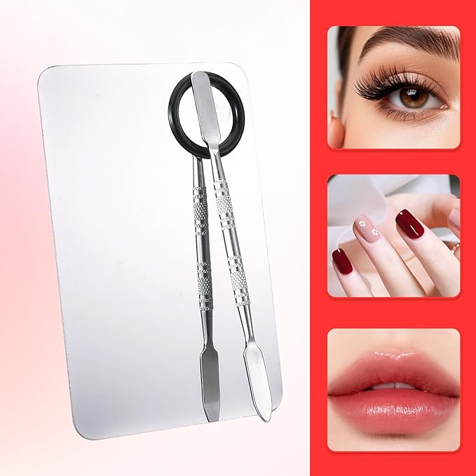 2 Set Metal Makeup Mixing Palette with Spatula, Professional Stainless Steel Square and Fan Makeup Palette Reusable Beauty Tools Cosmetic Artist Tool for Foundation Mix, Facial Cosmetic,Nail Art