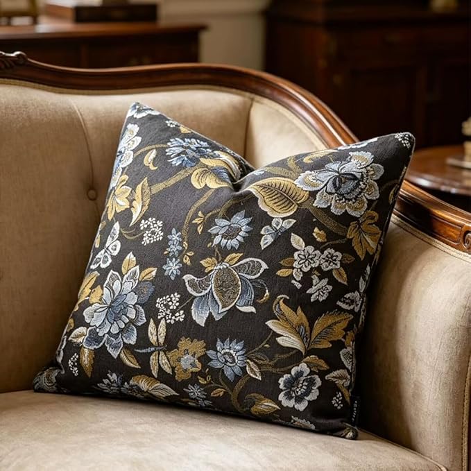 Neutral Floral Pillow Cover 18x18, Vintage Linen Square Pillow Cover Soft Decorative Farmhouse Accent Pillow Cases for Couch Bedroom Living Room Home Decor, Black