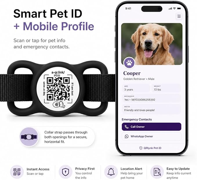 Smart Pet ID Tag for Dog Collar with NFC & QR Code | Silent Silicone Holder, Waterproof & Easy Clean, No App or Subscription, Secure Horizontal Fit, Online Pet Profile