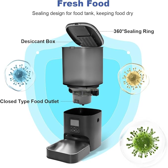 Automatic Cat Feeder, 6L Cat Food Dispenser with 10s Voice Recorder, Pet Feeder up to 8 Meals per Day, Timed Feeder with Dry Food Sealed Ring (Black)