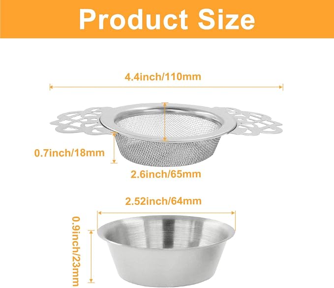 Waziaqoc 4 Pack Tea Fine Mesh Tea Strainers with Bowl, Stainless Steel Loose Leaf Tea Filter for 2.5-4 Inch Cup Mouth, Silver