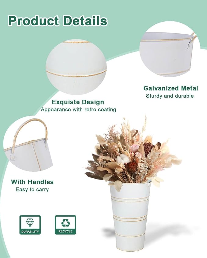 12 Inch Galvanized Metal Vase, 2 Pack Tall Flower Buckets with Handles | Galvanized metal flower buckets with handles, rustic tall vase design for dried flowers, weddings, farmhouse and home decor.
