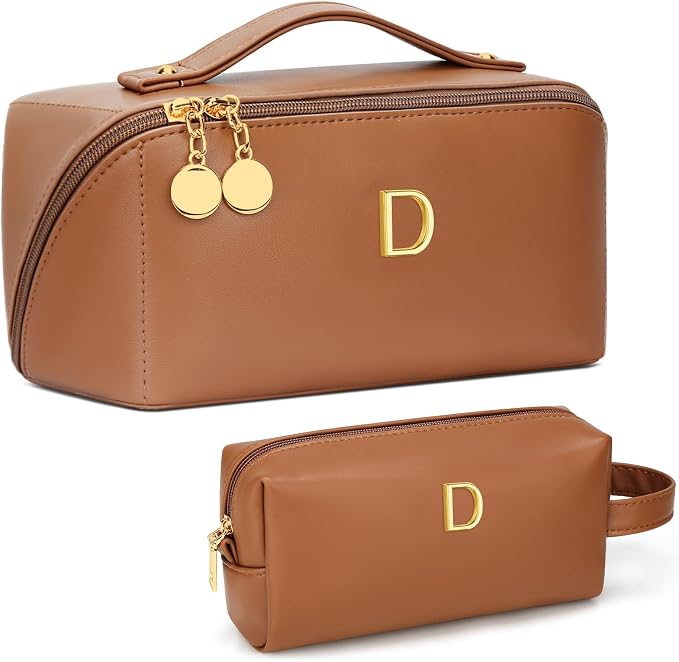 KKXIU Initial Makeup Bag for Women - Personalized Makeup Bag Gifts for Women, Travel Toiletry Bag with PU Leather, Open Flat Design with Top Handle, Cosmetic Bag Set with Multi-Pocket (Brown,D)