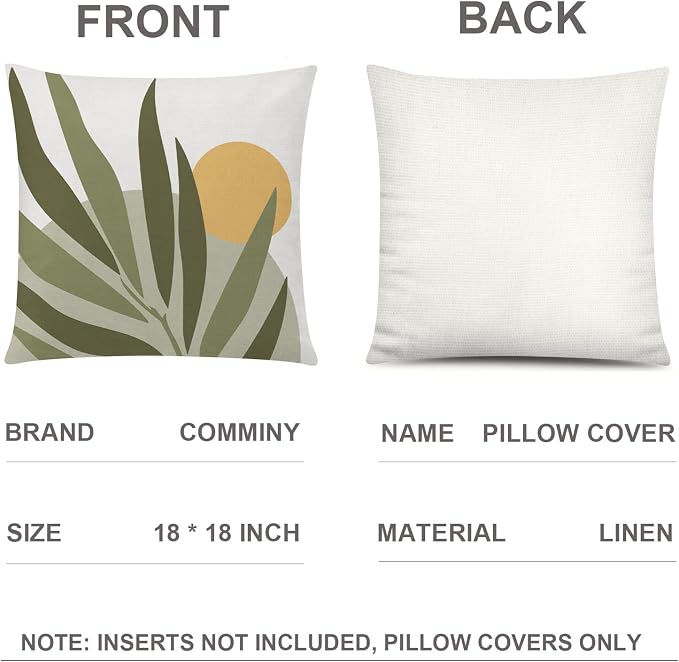 COMMINY Abstract Boho Pillow Covers 18x18 Set of 6,Rustic Sunset Leaves Throw Pillow Cover,Minimalist Modern Pillow Case for Couch Sofa Room Home Decor | Breathable Linen, Botanical Leaf, Sunset Pattern, Standard Pillow Size, Modern Couch Sofa Living R...