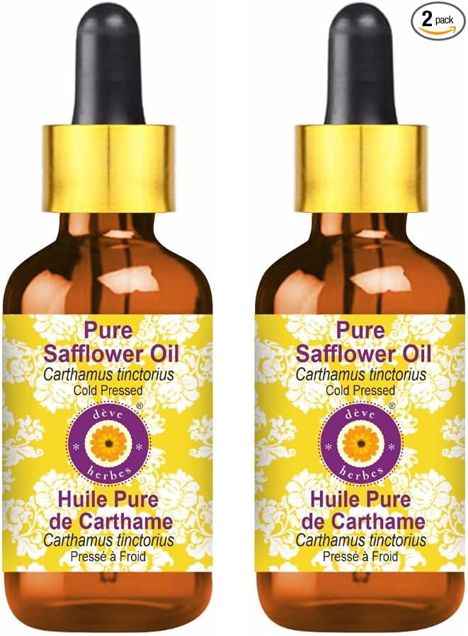 Deve Herbes Pure Safflower Oil (Carthamus tinctorius) with Glass Dropper Cold Pressed (Pack of Two) 100ml X 2 (6.76 oz)