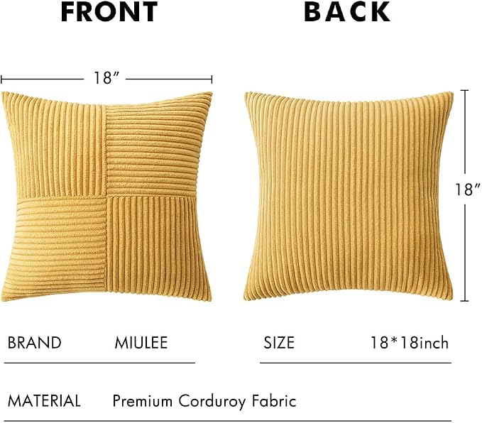 MIULEE Golden Mustard Decorative Throw Pillow Covers for Couch 18x18 Inch | 2 Pack, Boho Farmhouse Pillow Covers, Soft Cross Corduroy Patchwork Textured Cushion Cases For Bed Sofa