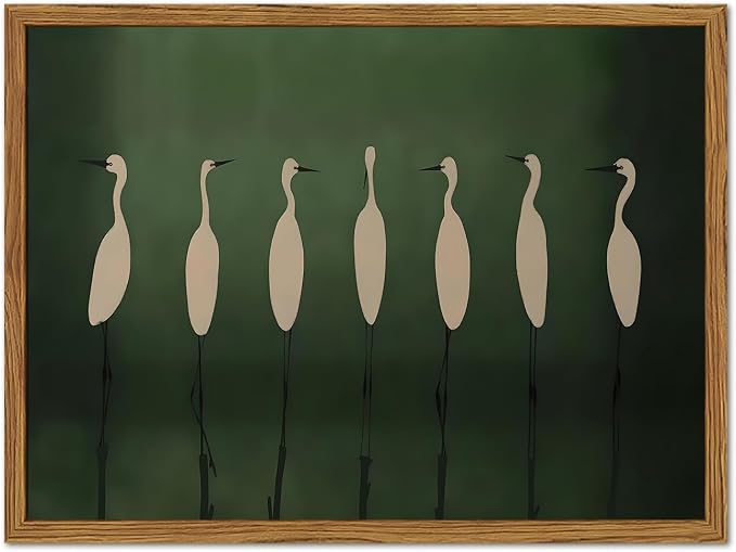 Framed Japanese Cranes Wall Art, Vintage Bird Pictures Wall Decor Paintings, Rustic Nature Animal Canvas Prints Minimalist Green Home Decor for Living Room Bedroom Office 12x16 inch