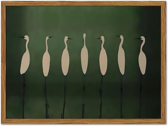 Framed Japanese Cranes Wall Art, Vintage Bird Pictures Wall Decor Paintings, Rustic Nature Animal Canvas Prints Minimalist Green Home Decor for Living Room Bedroom Office 16x24 inch