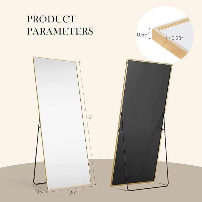 DUMOS 70.4"x25.6" Full Length Mirror with Stand, Full Body Floor Mirror | Free Standing or Wall Mount, Nano Glass Aluminum Frame, Hanging or Leaning, Modern Simple Home Decor, Gold