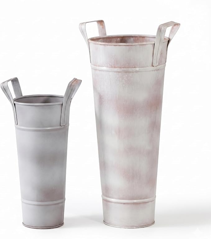Galvanized Metal Floral Vases with Handles Set of 2 (Rustic White)