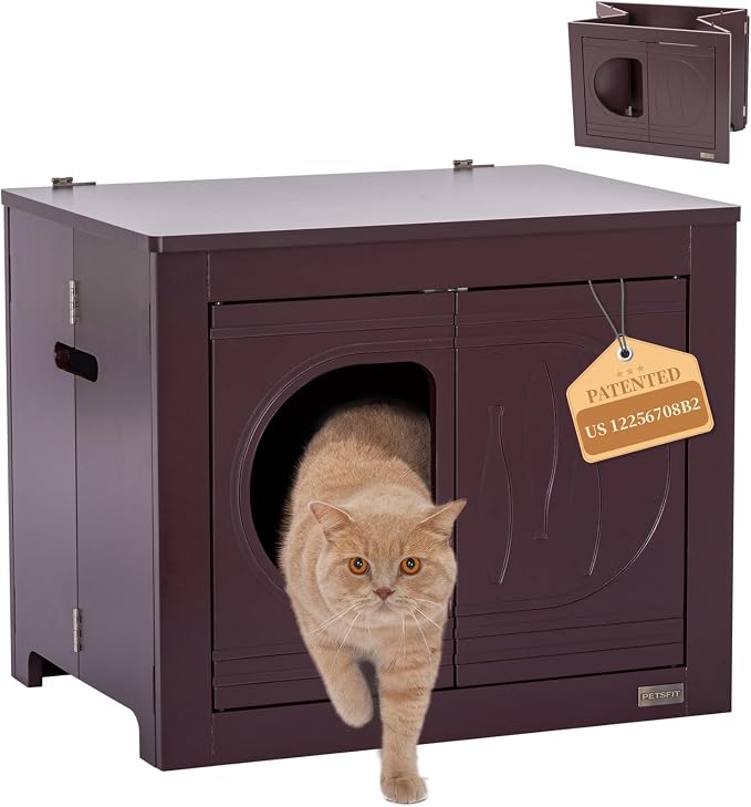 PETSFIT Cat Litter Box Enclosure, Unfold to Use, No Assembly Needed, Cat House & End Table, Fits Most Boxes (Espresso)
