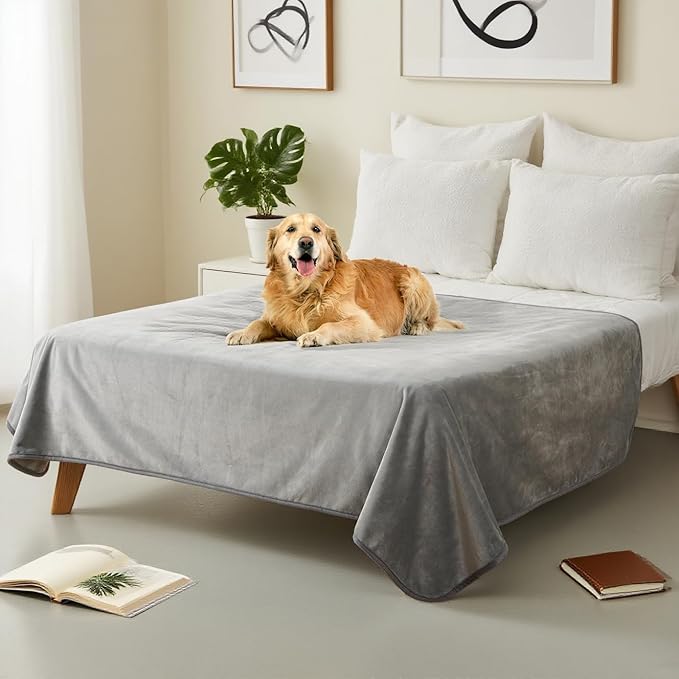 Waterproof Blanket for Bed 60"x80" | Light Grey Throw Blanket for Large Dogs Reversible Soft Flannel Leakproof Spill-Proof Dog Blanket for Couch Camping Travel