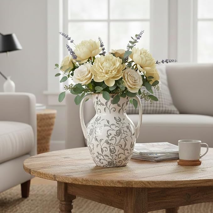 Emotionally Grounded Vase, Vaseking Large Ceramic Rustic Vase with 2 Handles, 8.3 inch Minimalist Decorative Farmhouse Tall Vases for Home Decor, Living Room, Enterway, Table Decoration, Gray Floral