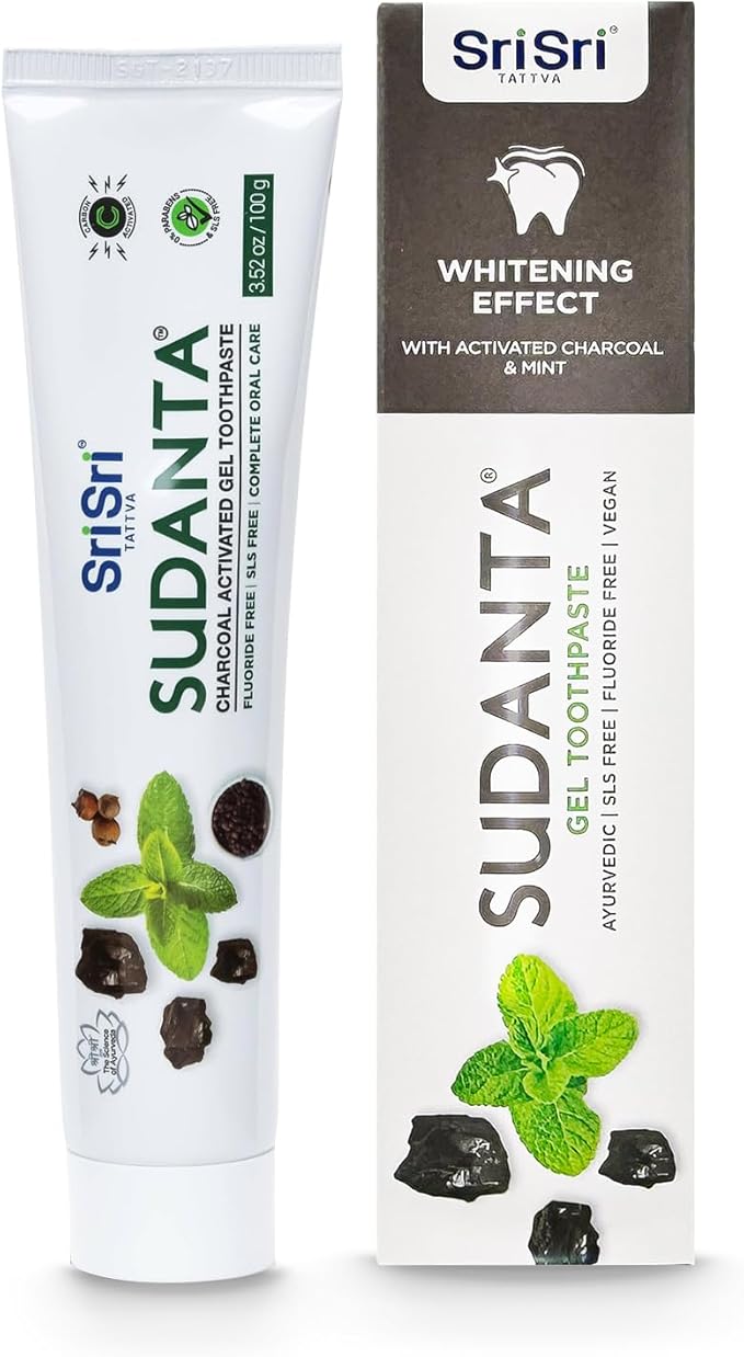 Sri Sri Tattva Sudanta Charcoal Toothpaste Gel – SLS Free & Fluoride Free Herbal Toothpaste with Neem & Ayurvedic Herbs – Natural Whitening & Gum Care – 100 g Tube (Pack of 1)