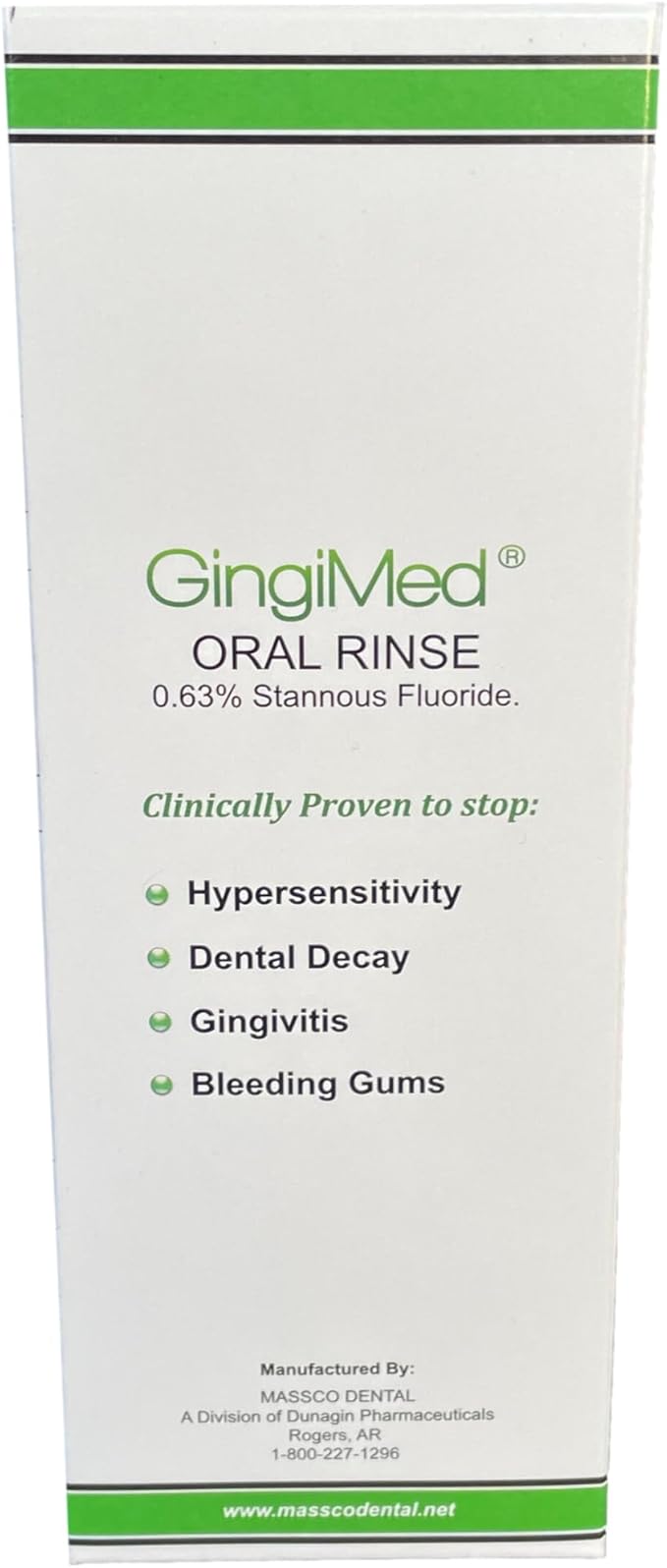Gingi Med Mint Flavored .63% stannous Fluoride Dental Rinse, 10 Ounce Bottle. Indicated for Patients with Tooth Decay, Sensitivity, or gingival Bleeding.
