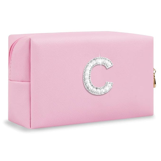 ChaoGreat Bride Gifts – Personalized Initial Makeup Bag with Pearl Rhinestone Patch, Preppy Pink Monogram Cosmetic/Toiletry Pouch, bridesmaid Gifts, Bridal Shower Gifts, Wedding Gifts, Bridal Gifts,C