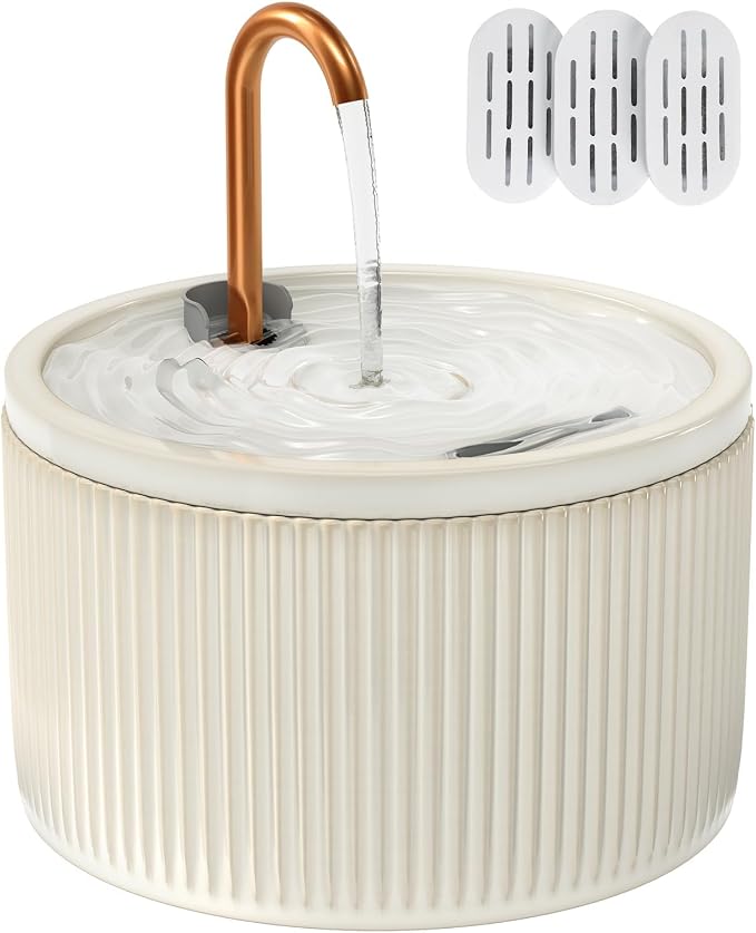 MISFANS Ceramic Cat Water Fountain with 2-Pack Replaceable Filters | 71oz/2.1L Cat Fountain for Drinking, MISFANS-Designed Pump & Filter, Plastic Automatic Pet Water Fountain Bowl & Dispenser