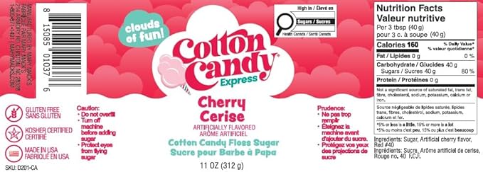 Cotton Candy Express Floss Sugar Variety Pack with 3 - 11oz Plastic Jars of Cherry, Blue Raspberry & Grape Flossing Sugars Plus 50 Paper Cotton Candy Cones