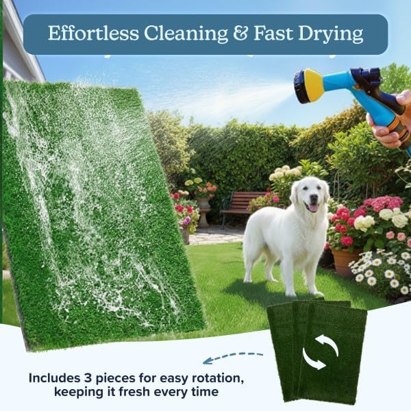 PETMAKER Artificial Grass Puppy Pee Pad for Dogs, Set of 3, 35.5” x 23.5” | Reusable Turf Pads for Small to Medium Dogs, Indoor and Outdoor Fake Grass Potty, Pet Housebreaking Supplies