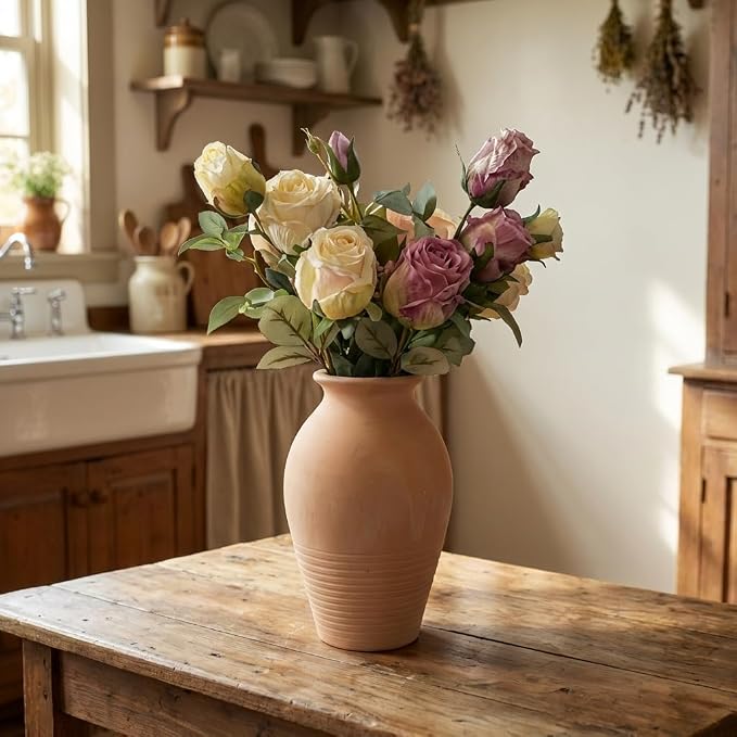 Ceramic Whitewashed Terracotta Farmhouse Vase, 9.2 inch Height, Pottery Decorative Flower Vases,Clay Decorative Vases for Home Decor, Table, Living Room, Shelf, Mantel Decoration (Terracotta White)