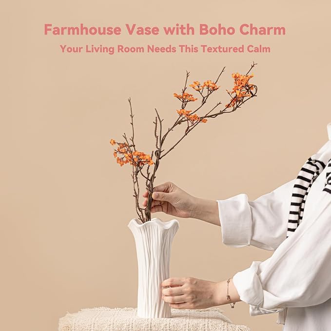 White Ceramic Vase with Ruffled Rim & Vertical Fluted Texture - 8.5" Unique Flower Vase for Pampas Grass & Centerpieces, Decorative Boho/Farmhouse Vase for Living Room, Office & Gift for Her/Yourself