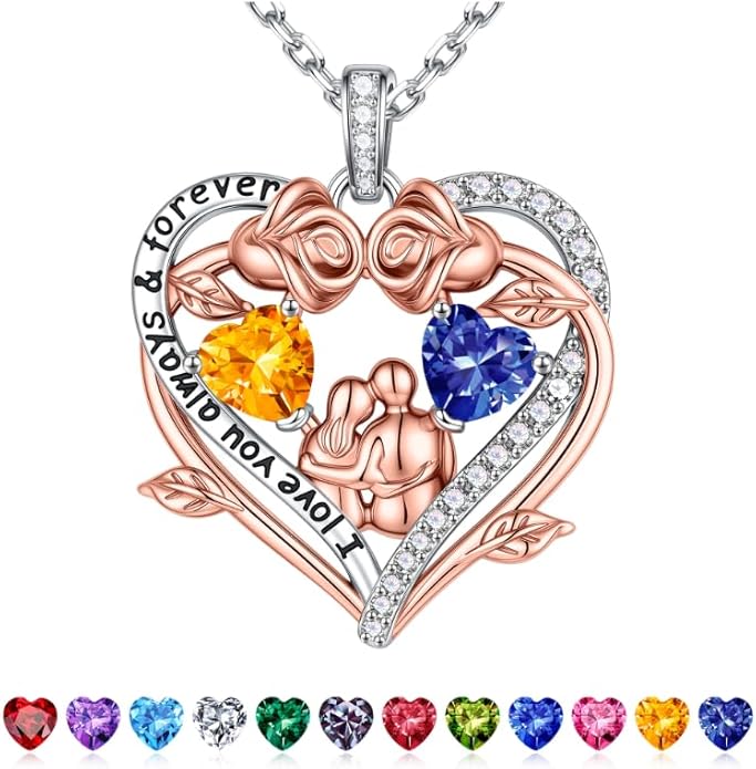 Iefil Valentines Gifts for Her Wife - 925 Sterling Silver Double Heart Birthstone Necklace, Anniversary Birthday Gifts for Women Wife Girlfriend