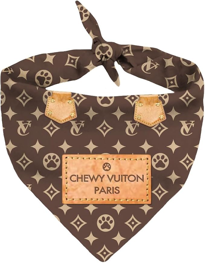 Chewy Vuiton Dog Bandana Designer Fashion Scarf Kerchief for Small Medium and Large Dogs, Funny Parody Gift for Girl or Boy Dog, Soft Durable Fabric, Adjustable Tie-On Style Triangle
