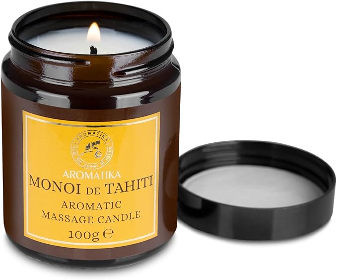 Scented Massage Candle Monoi de Tahiti - Soy Wax Candle 3.5Oz - Relaxing Massage Candle - Blend of Coconut & Almond & Monoi de Tahiti Oils - Vanilla Oleoresin - Skin Care - Beauty - Aromatherapy