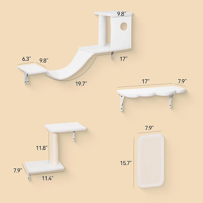Meecal 6-in-1 Cat Wall Shelves, Wall Mounted Cat Furniture Set, Cat Shelves for Wall with Scratching Posts, Cat Bed & Bridge, Space Saving Cat Climbing Perch for Kittens, White