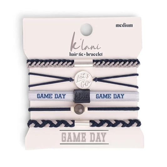 K'lani Game Day Hair Tie Bracelets – 5-Pack Stretchy No-Crease Hair Ties & Stylish Bracelets – Team Color Accessory for Hair or Wrist - Navy & Gray, Medium