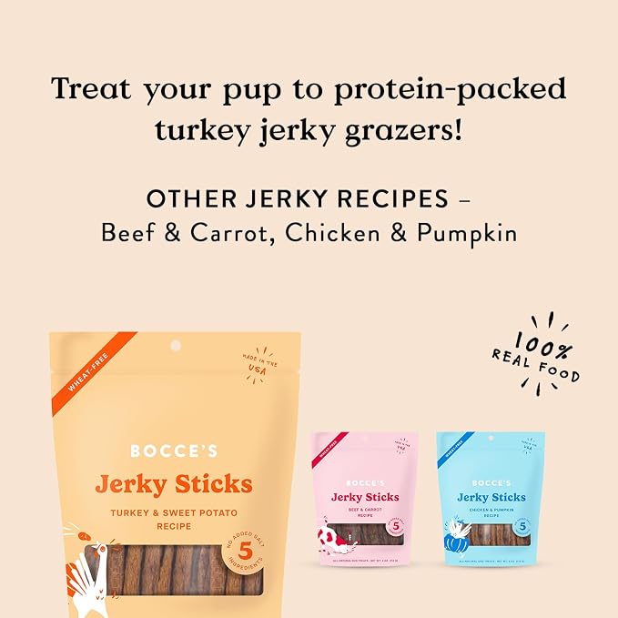 Bocce's Bakery Turkey & Sweet Potato Flavor Jerky Stick Dog Treats, 4 oz | High-Protein, Wheat-Free, Limited-Ingredient Treats with No Added Salt or Sugar - Baked in The USA
