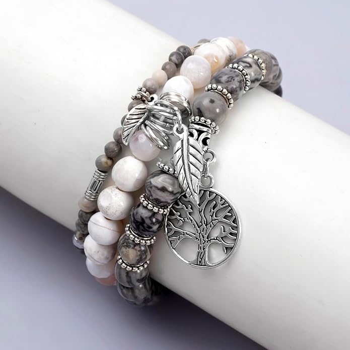 Jardme Healing Crystal Bracelets for Women, 8mm Beaded Natural Stone Stretch Chakra Bracelets Tree of Life Bracelet Jewelry Gifts for Women