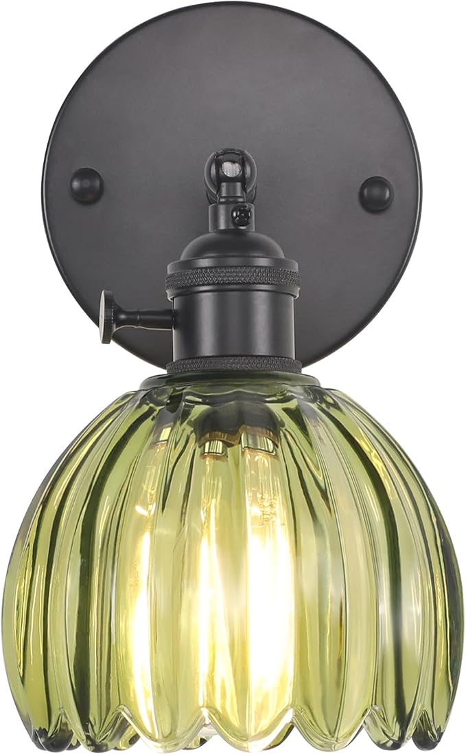 Shenmoyl Vintage Wall Sconce with Green Tulip Glass Lampshade 180 Degree Adjustable Black Sconce Hradwired Modern Wall Lighting Fixture with Switch for Bedside Bedroom Doorway