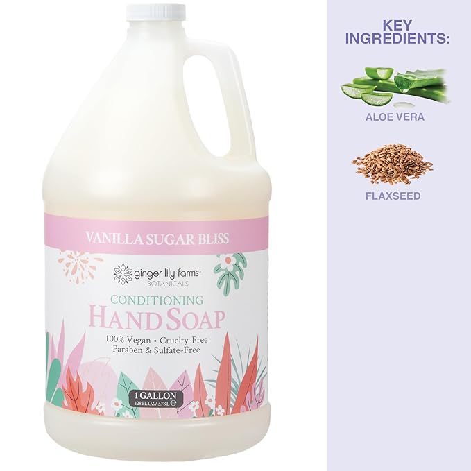 Ginger Lily Farms Botanicals Conditioning Liquid Hand Soap Refill, 100% Vegan & Cruelty-Free, Vanilla Sugar Bliss Scent, 1 Gallon (Pack of 4)