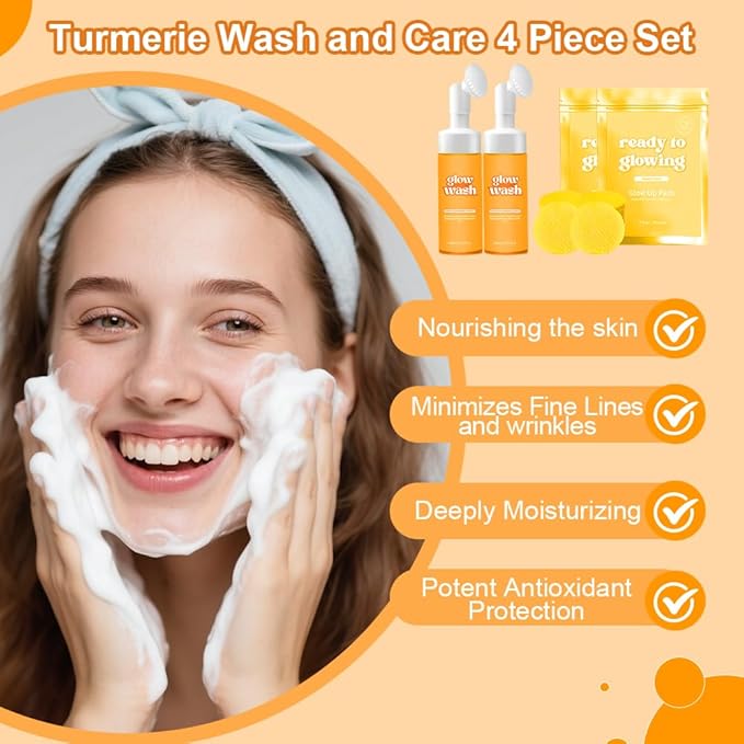2PCS Turmeric Wash and Care, Turmeric Facial Wash and 60PCS Face Cleansing Pads, Cleansing Exfoliating Pads for Face & Body Natural Skincare