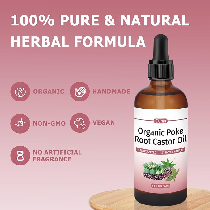 Poke Root Castor Oil Organic - 3.4 Fl Oz - Lymphatic Support Massage Liquid, Supports Boils, Fibroids, Cysts, Swollen Lymph Nodes, Breast & Joint Health, Natural Deep Tissue Relief Drops