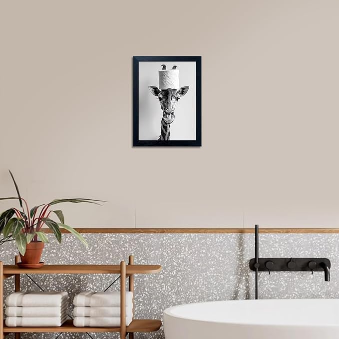 Funny Bathroom Wall Decor, Giraffe with a Toilet Paper Roll on Head Art Decor, Black and White Bathroom Pictures Wall Decor, Framed Humor Animal Canvas Print Artwork