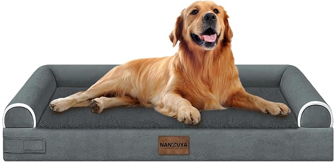 Orthopedic Dog Bed for X-Large Dogs, 40 x 32 Inch, Dark Grey | Egg crate foam for joint support, 3-sided bolster pet sofa, waterproof lining, washable cover, and non-skid base