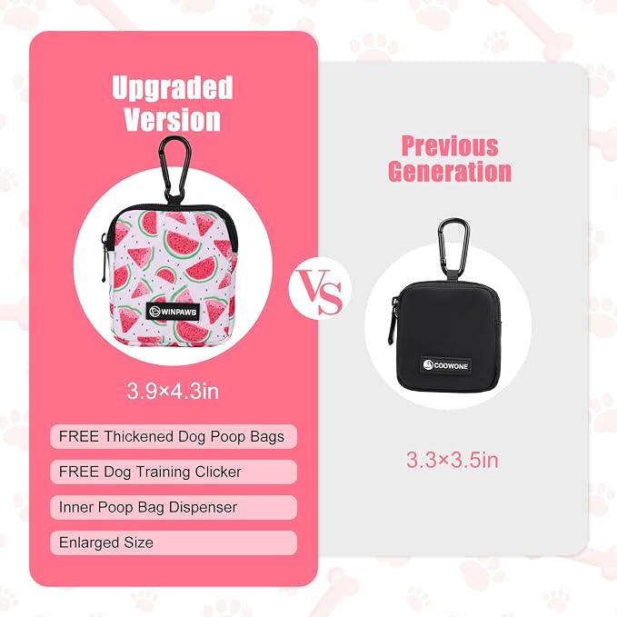 Dog Treat Pouch with Training Clicker,Waterproof Nylon Fabric Poop Bag Holders for Leashes,Hands Free Small Dog Walking Bag with Carabiner, Pet Puppy Training Walking Essentials (Watermelon)