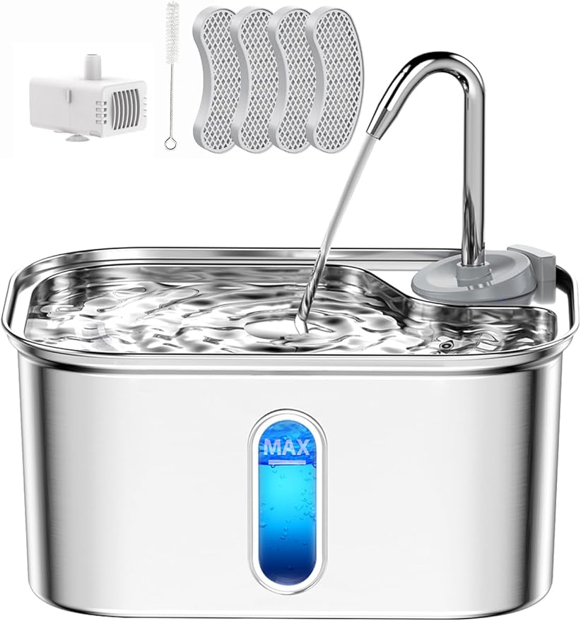 Cat Water Fountain Stainless Steel for Cats Indoor 2.5L 85oz by BPA-Free SUS304, Effective 6-Layer Filter Cat Fountain for Drinking 20dB Ultra Quiet Metal Pet Water Fountain (Fountain+4 Filters)
