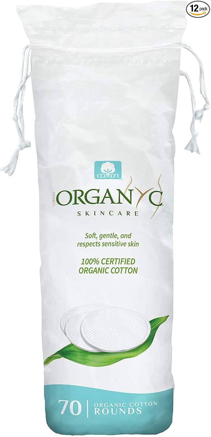 Organyc 100% Organic Cotton Rounds - Biodegradable Cotton, Chemical Free, for Sensitive Skin - Daily Cosmetics. Beauty and Personal Care 70 Count (Pack of 12)