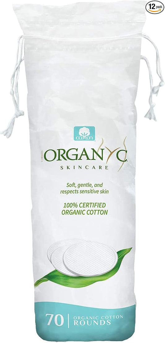 Organyc 100% Organic Cotton Rounds - Biodegradable Cotton, Chemical Free, for Sensitive Skin - Daily Cosmetics. Beauty and Personal Care 70 Count (Pack of 12)