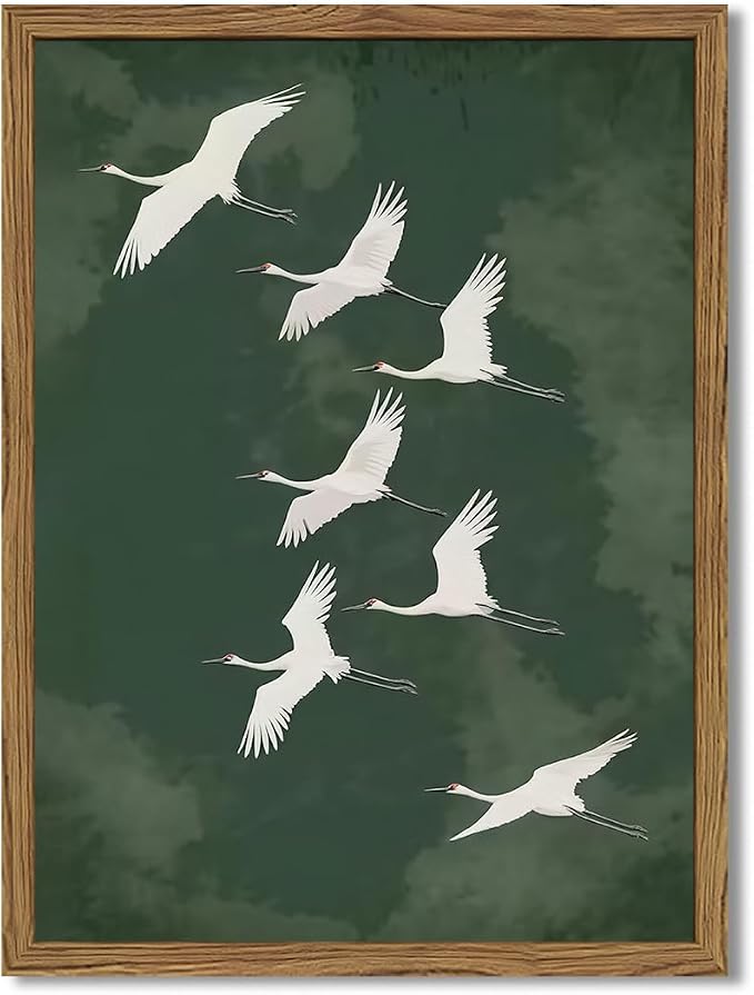 Framed Japanese Flying Cranes Wall Art, Vintage Bird Pictures Wall Decor Paintings, Rustic Nature Animal Canvas Prints Minimalist Home Decor for Living Room Bedroom Office Zen 12x16 inch