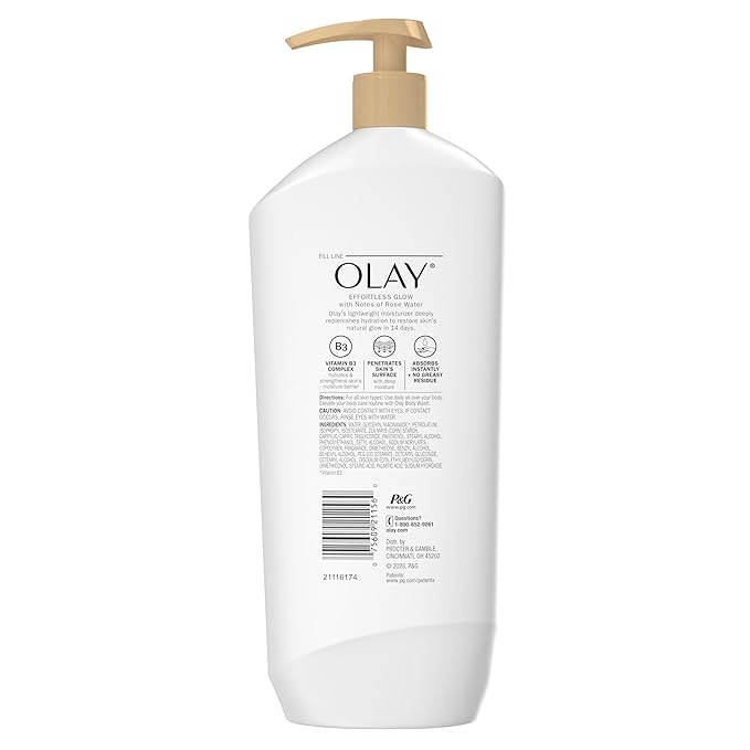 Olay Body Lotion for Women, Effortless Glow,Restore Natural Glow, 24hr Moisturizing & Deep Hydration, Absorbs Instantly, Penetrating Vitamin B3,For All Skin Types,Rose Water Scent,18 fl oz,(Pack of 2)