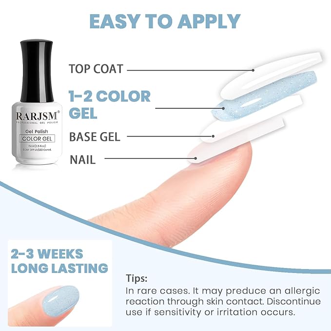RARJSM Iridescent Glitter Gel Nail Polish Clear Pastel Blue Chunky Sparkle Rainbow Shimmer Jelly Transparent Sky Blue Gel Polish Single Bottle Soak off UV LED Cured for Home Salon Manicure 15ML