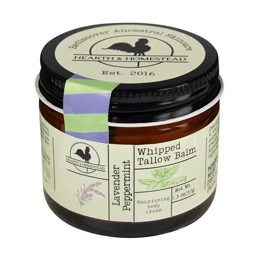 Hearth and Homestead: Handmade Whipped Tallow Balm (Lavender Peppermint): Organic Body Butter with Infused Olive Oil- 1.3 oz