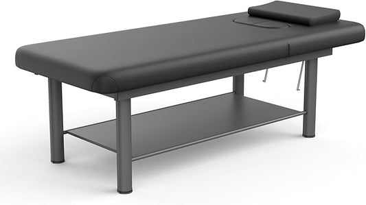 pouseayar Heavy Duty Professional Stationary Massage Bed Wide Stationary Massage Table with Backrest for Treatment Table Physical Therapy Spa Facial Bed, Metal Frame PU Leather, Black