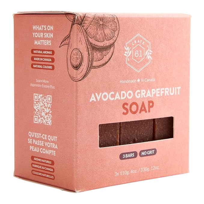 Crate 61 Organics, Handmade in Canada, Plant Based Cold Process Natural Bar Soap For Face And Body, With Premium Essential Oils, For Men And Women 3 Pack (Avocado Grapefruit)