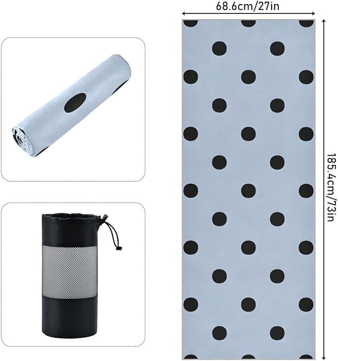 Blue Polka Dots Yoga Mat Towel, Sweat Absorbent Hot Yoga Towel with Non Slip Grip, Soft Yoga Blanket with Travel Bag for Workout, Gym, Pilates, Fitness - 73" x 27"