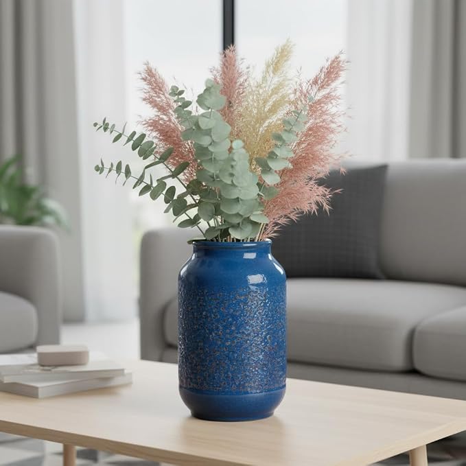 Blue Ceramic Vase for Home Decor, 9 Inch Modern Farmhouse Vase, Decorative Vases for Pampas Grass, Fireplace, Living Room, Bathroom, Tabletop, Kitchen, Office, Farmhouse Decor
